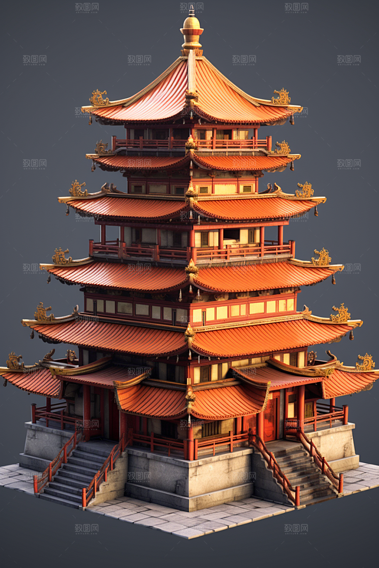 中式微缩建筑3D传统建筑模型