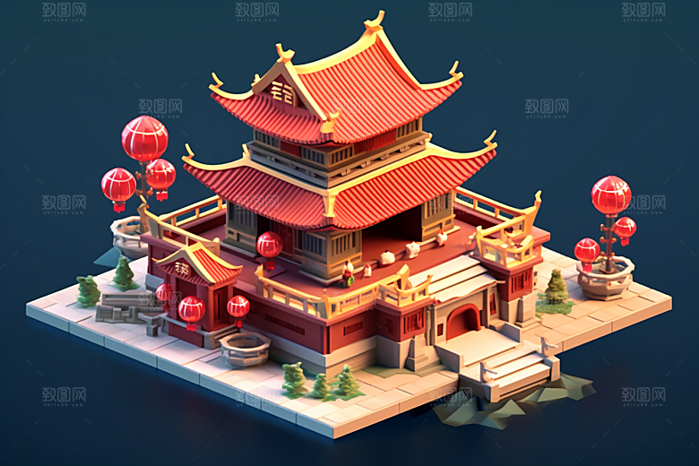 中式微缩建筑国潮C4D模型
