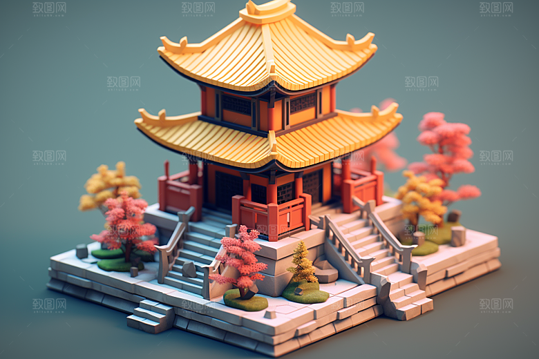 中式微缩建筑3D精致模型