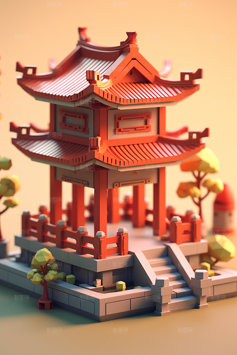 中式微缩建筑C4D国潮模型