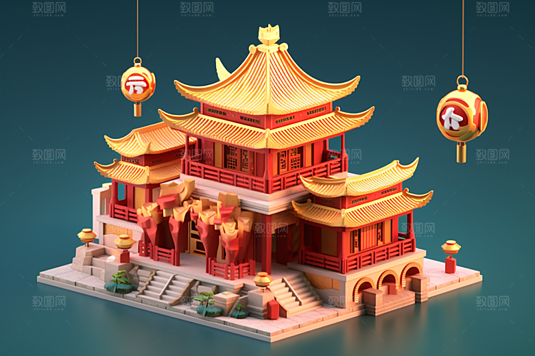 中式微缩建筑C4D传统建筑模型