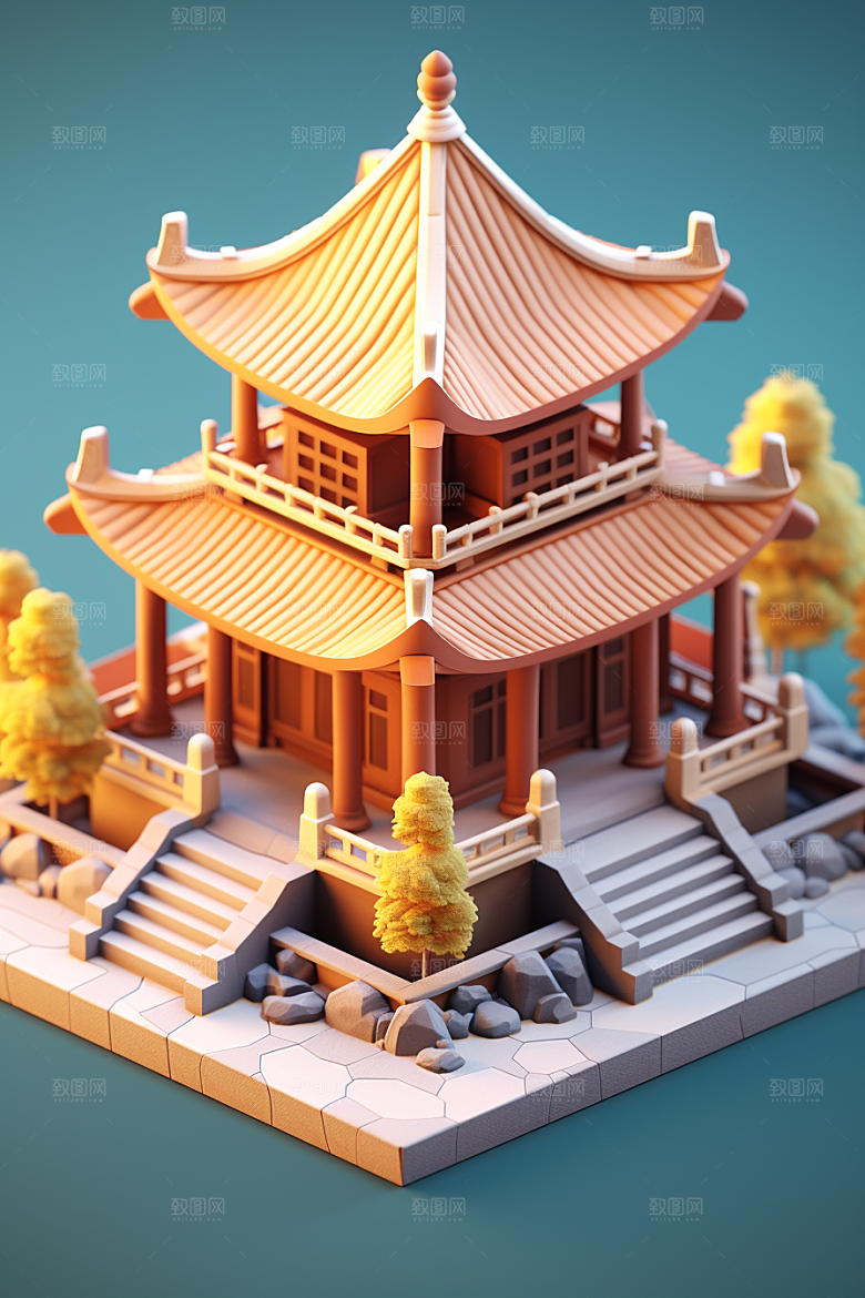 中式微缩建筑C4D国潮模型