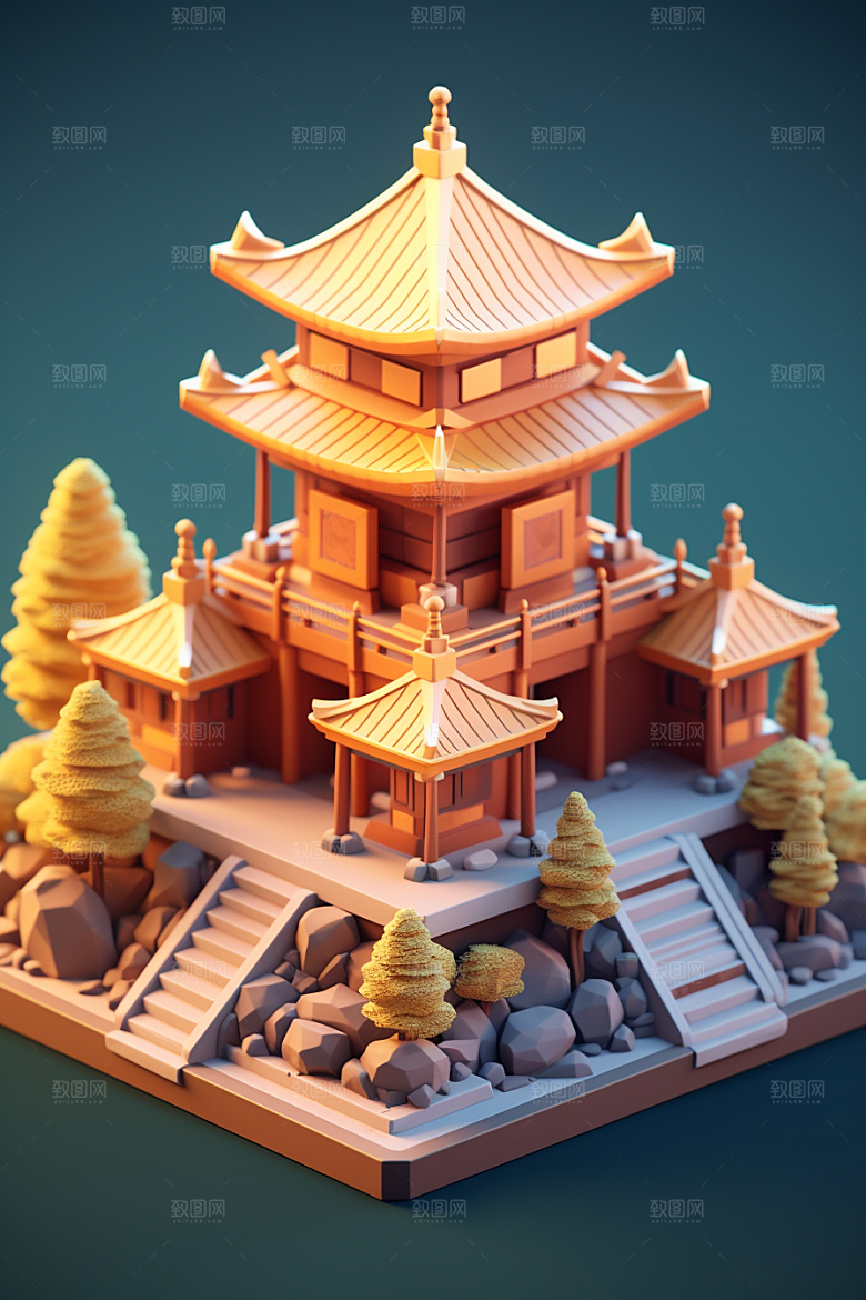 中式微缩建筑高清立体模型