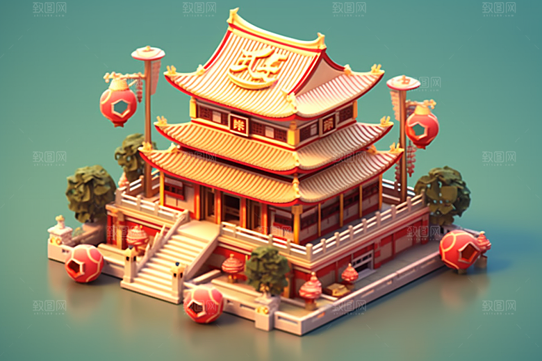 中式微缩建筑C4D立体模型