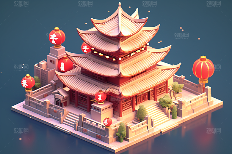 中式微缩建筑C4D立体模型