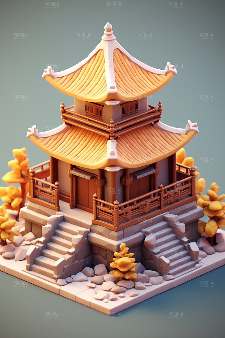 中式微缩建筑3D立体模型