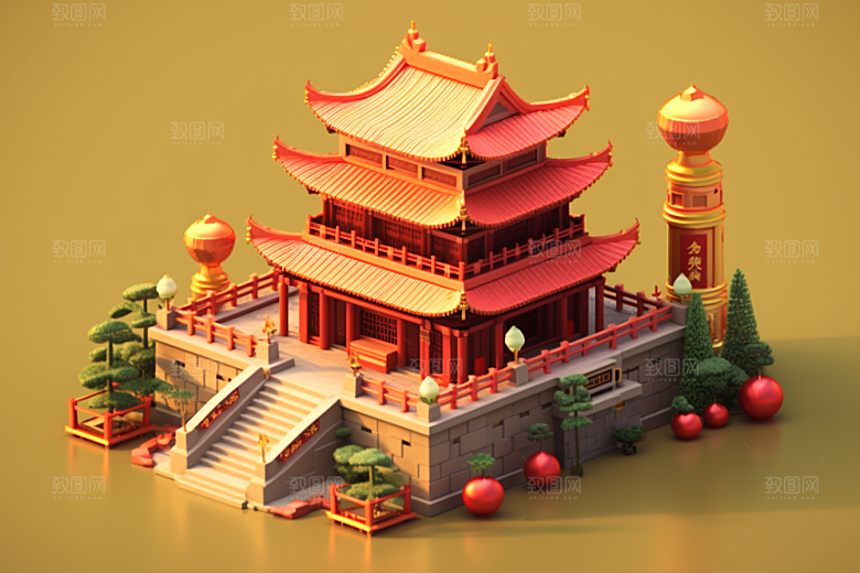 中式微缩建筑国潮立体模型