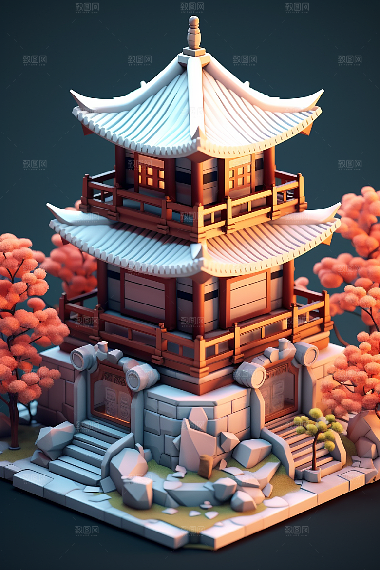 中式微缩建筑中国风高清模型