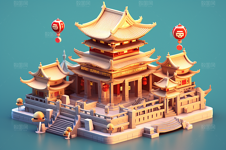 中式微缩建筑国潮C4D模型