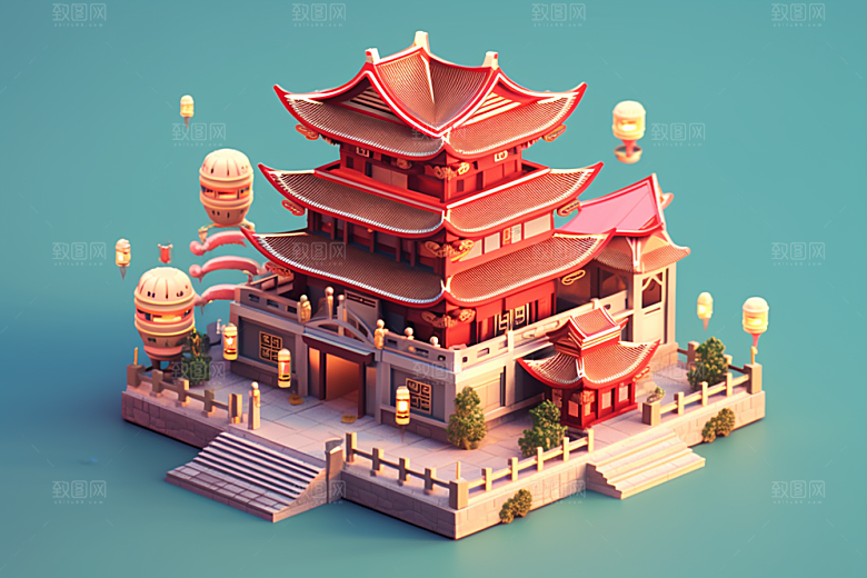 中式微缩建筑精致高清模型
