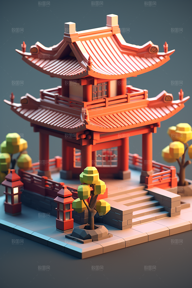 中式微缩建筑高清立体模型