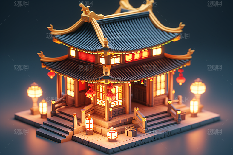 中式微缩建筑高清国潮模型