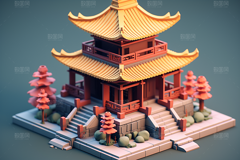 中式微缩建筑C4D3D模型