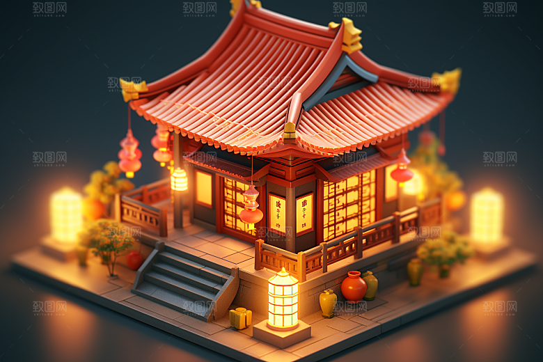 中式微缩建筑国潮3D模型