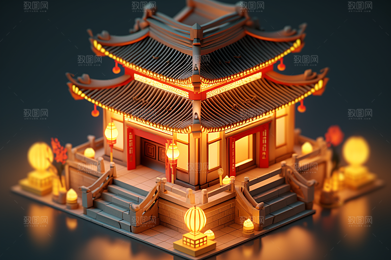 中式微缩建筑精致国潮模型