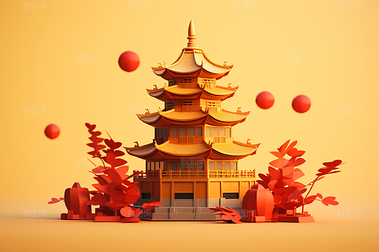 中式微缩建筑3D传统建筑模型