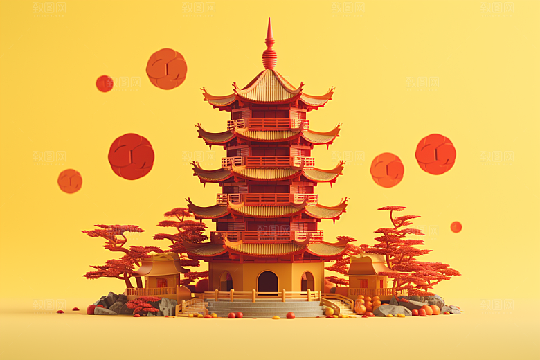 中式微缩建筑精致3D模型