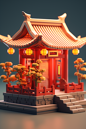 中式微缩建筑3D传统建筑模型