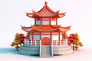 中式微缩建筑中国风3D模型