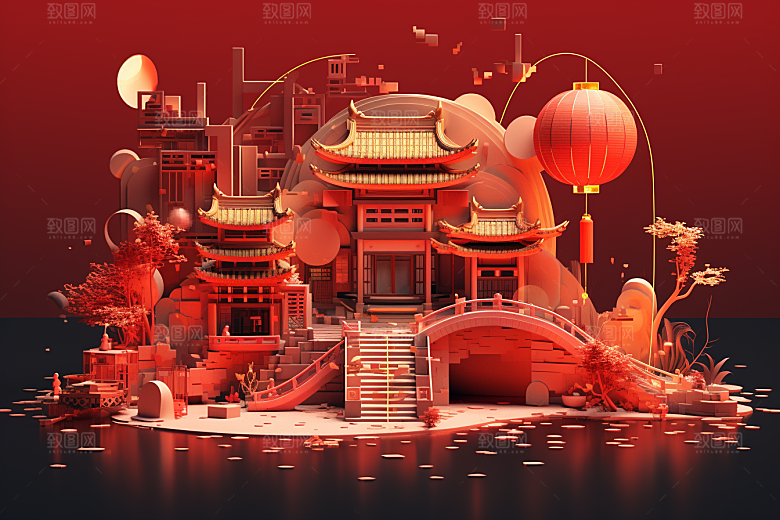 中式微缩建筑立体高清模型