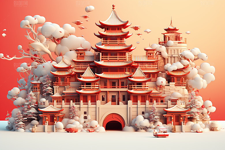中式微缩建筑立体C4D模型