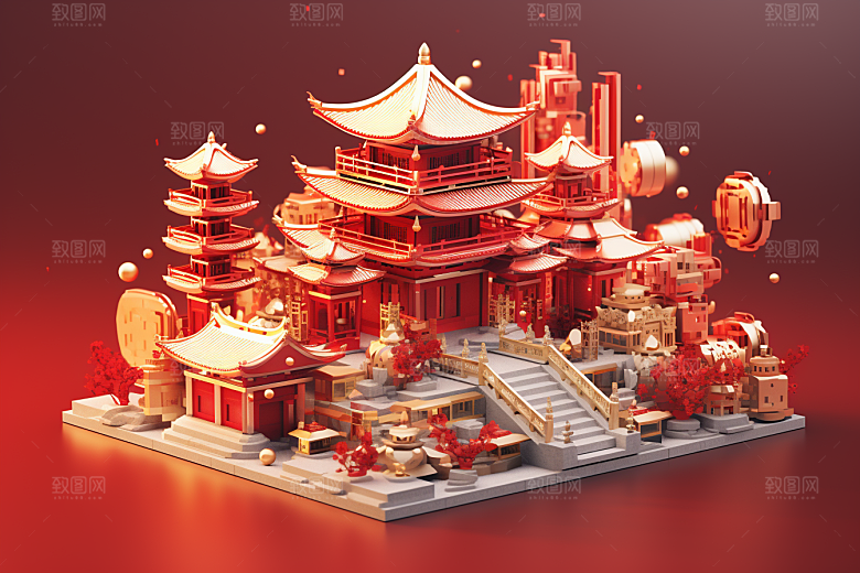 中式微缩建筑传统建筑C4D模型