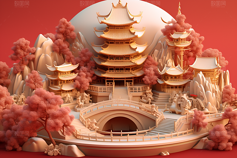 中式微缩建筑传统建筑中国风模型