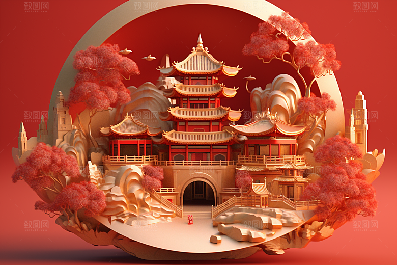 中式微缩建筑国潮中国风模型