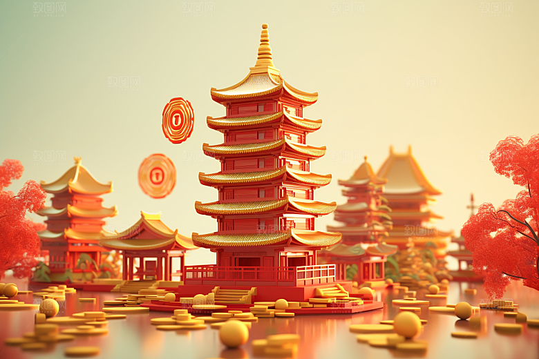 中式微缩建筑国潮C4D模型