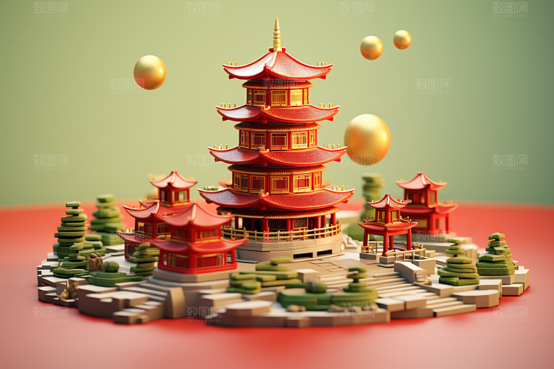 中式微缩建筑传统建筑中国风模型