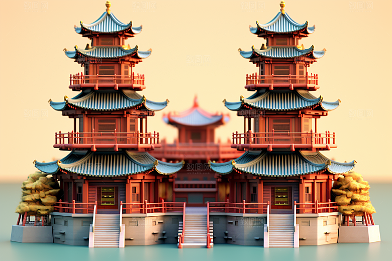 中式微缩建筑C4D传统建筑模型