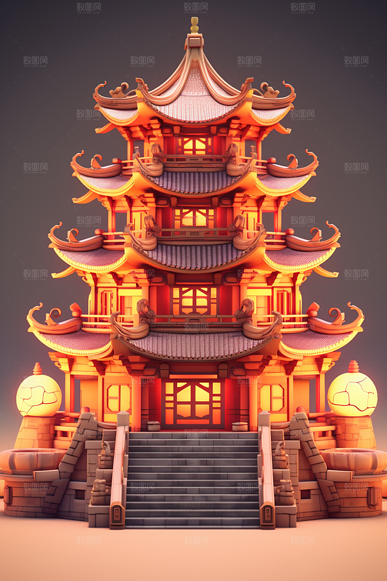 中式微缩建筑C4D精致模型
