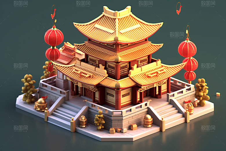 中式微缩建筑国潮3D模型