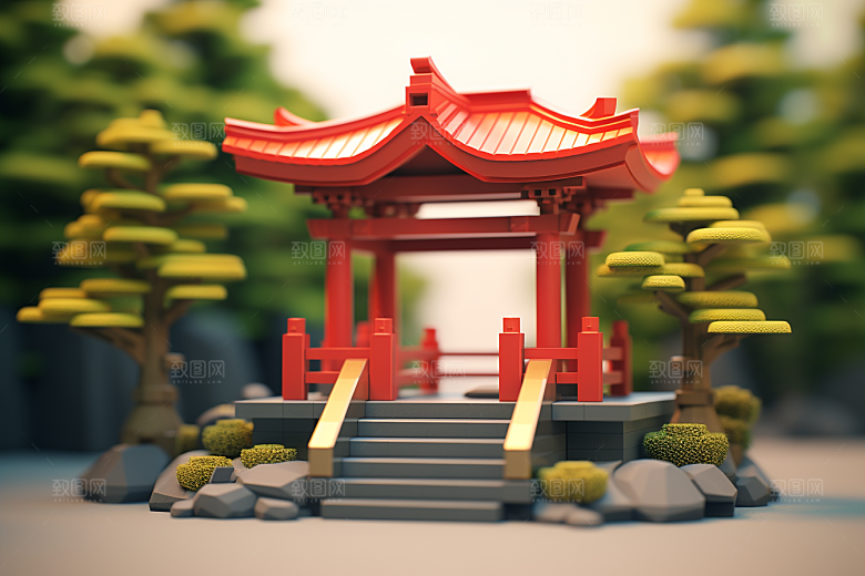 中式微缩建筑精致3D模型