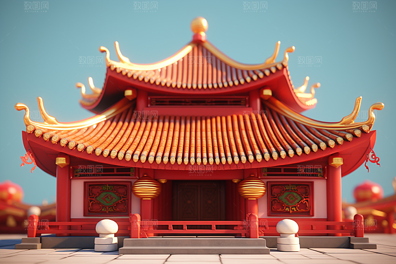 中式微缩建筑C4D中国风模型