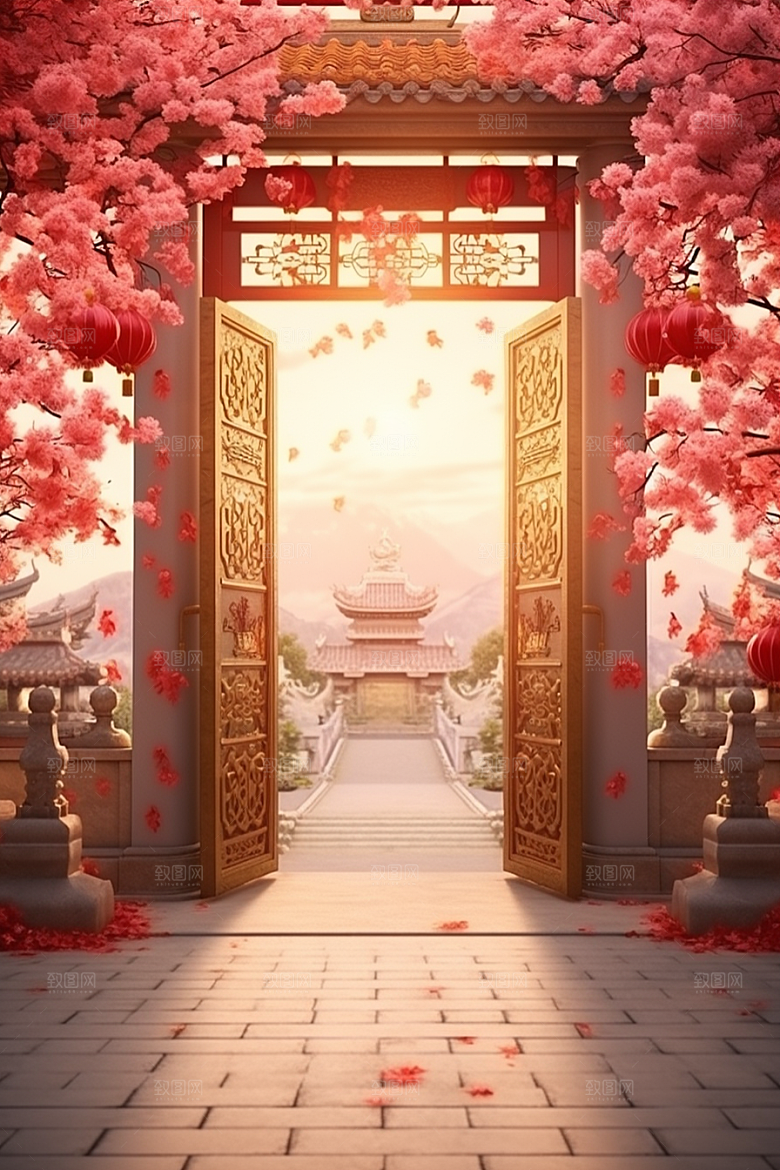 中式传统门楼开业大吉喜庆背景图