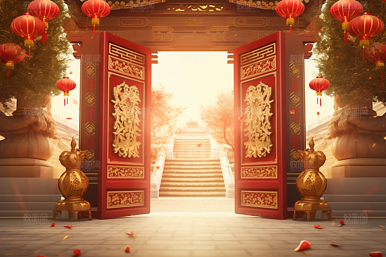 中式传统门楼开业促销背景图