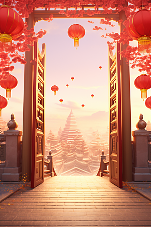 中式传统门楼火热开门红背景图