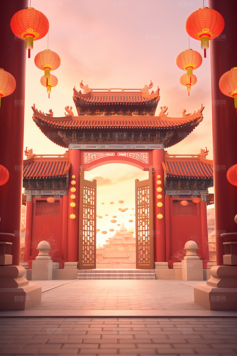 中式传统门楼开业大吉促销背景图