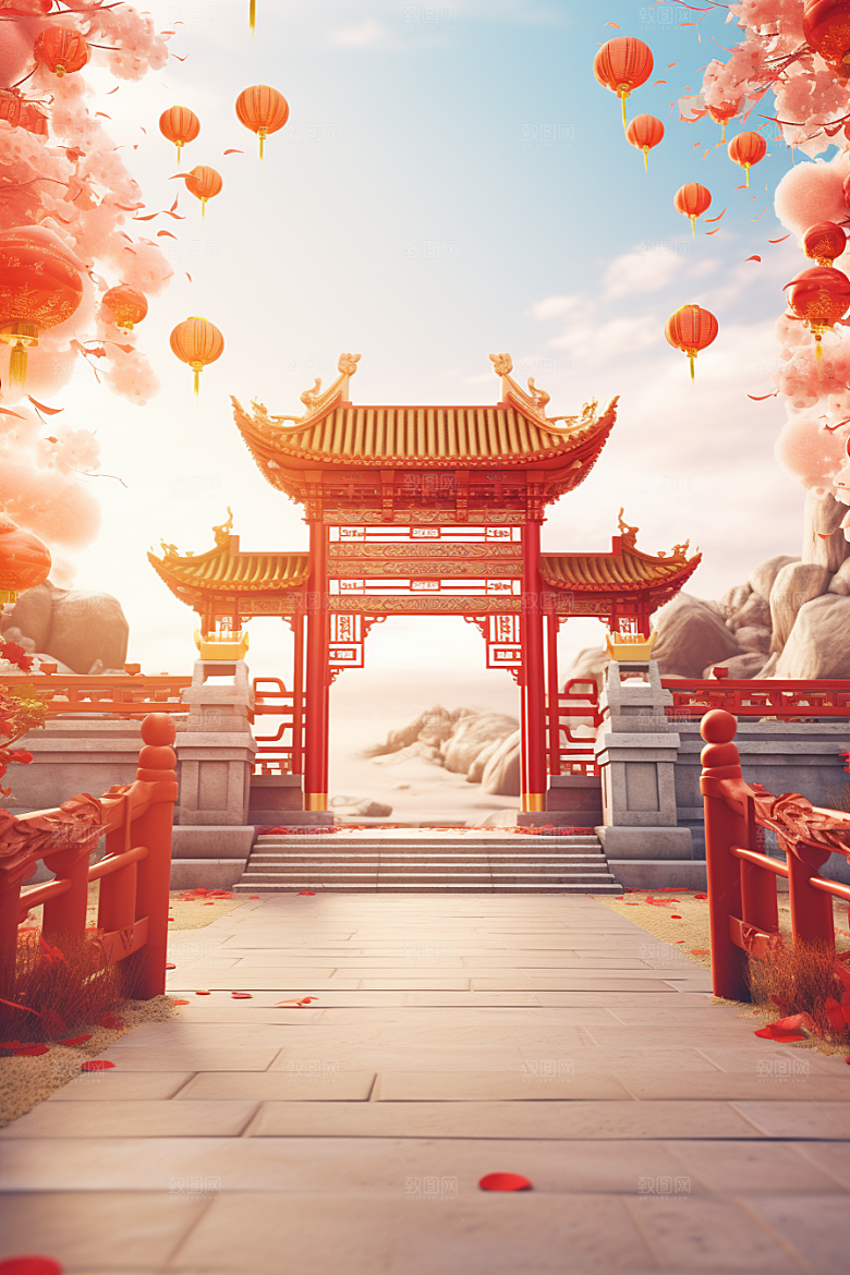 中式传统门楼开业火热背景图