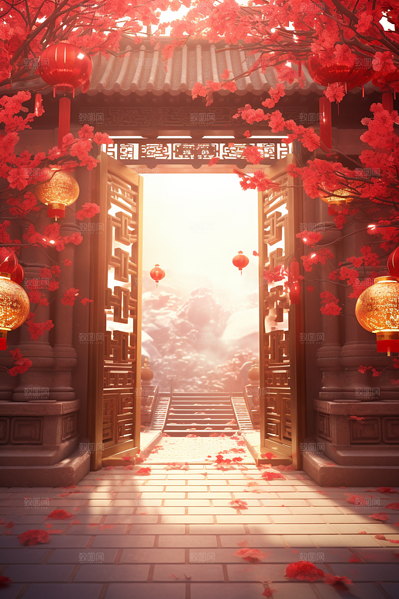 中式传统门楼国潮火热背景图