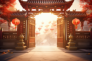 中式传统门楼国潮开业背景图