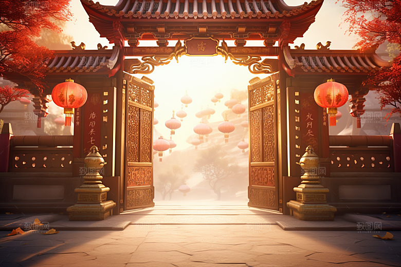 中式传统门楼国潮开业背景图