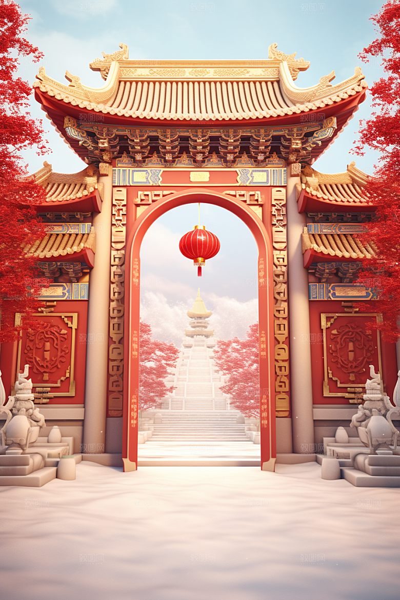 中式传统门楼国潮开门红背景图