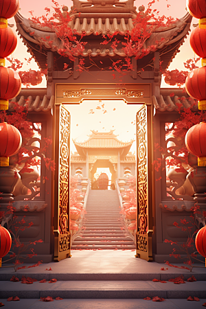 中式传统门楼火热开门红背景图