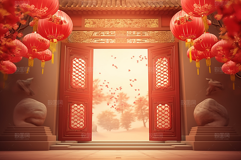 中式传统门楼直播喜庆背景图