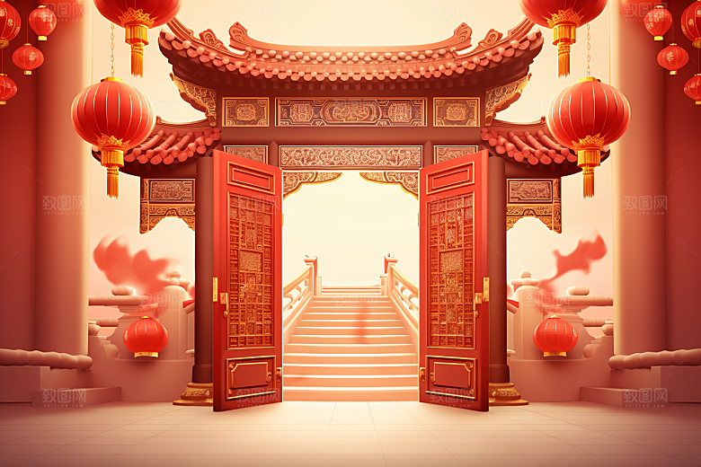 中式传统门楼喜庆国潮背景图