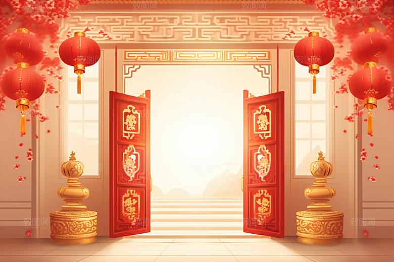 中式传统门楼国潮火热背景图