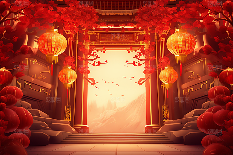 中式传统门楼喜庆直播背景图