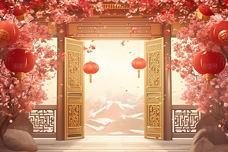 中式传统门楼促销火热背景图